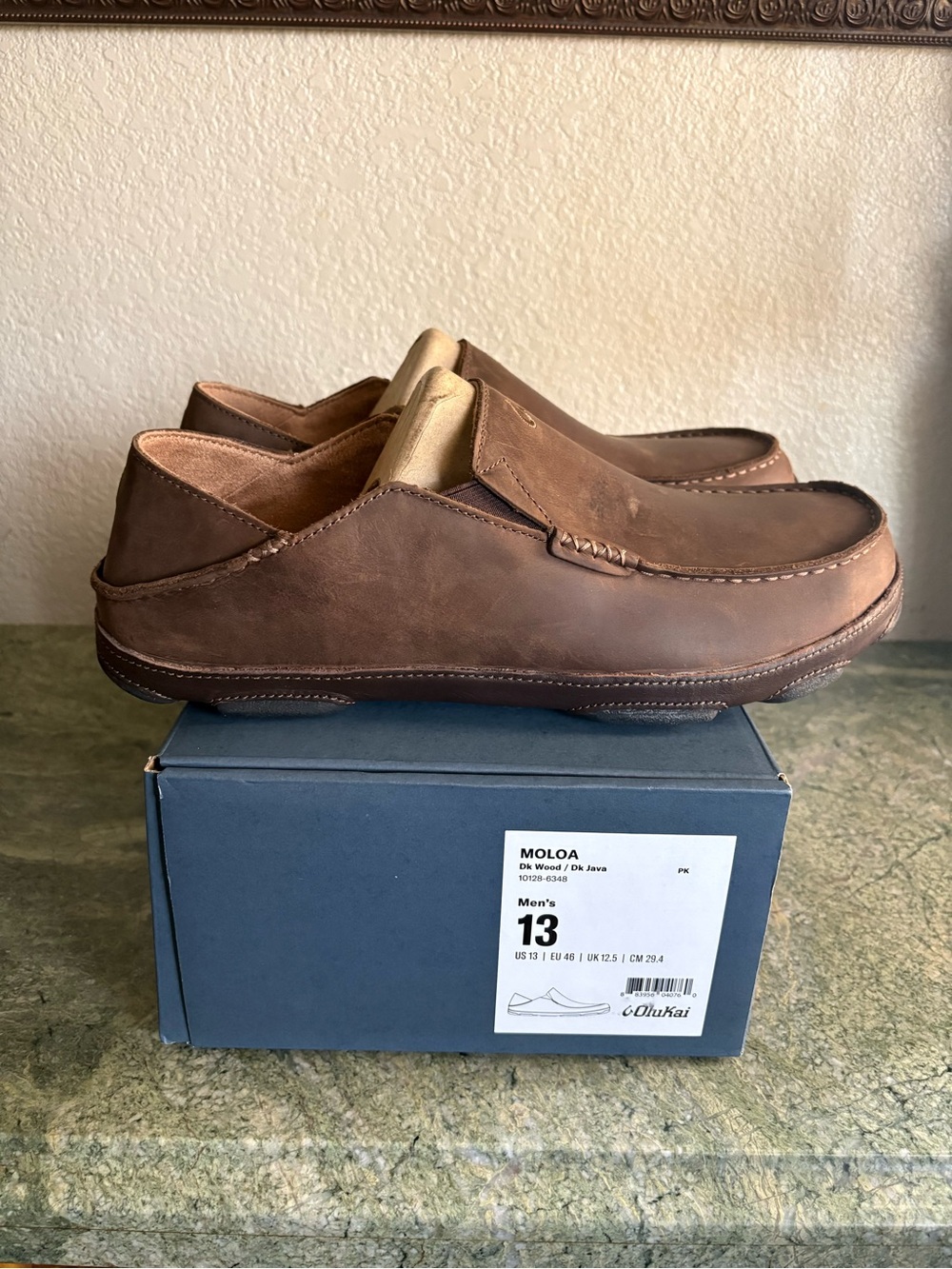 OLUKAI Moloa Men's Premium Brown Leather Shoes Loafers, Slip-On Drop-in Heel, 13